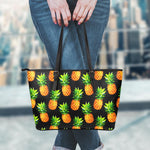 Black Pineapple Pattern Print Leather Tote Bag