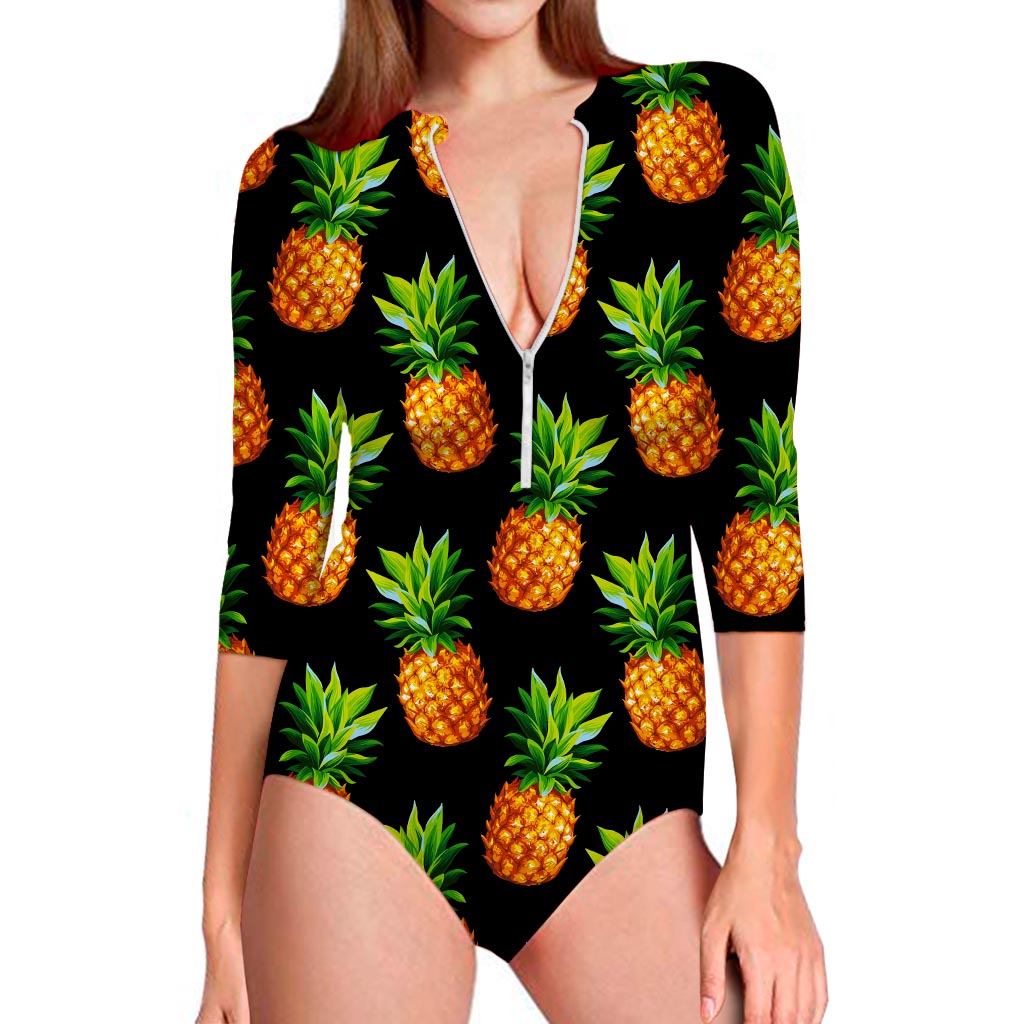 Black Pineapple Pattern Print Long Sleeve Swimsuit