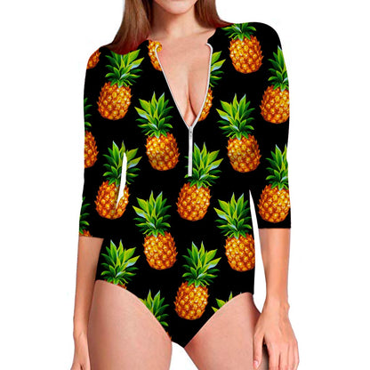 Black Pineapple Pattern Print Long Sleeve Swimsuit