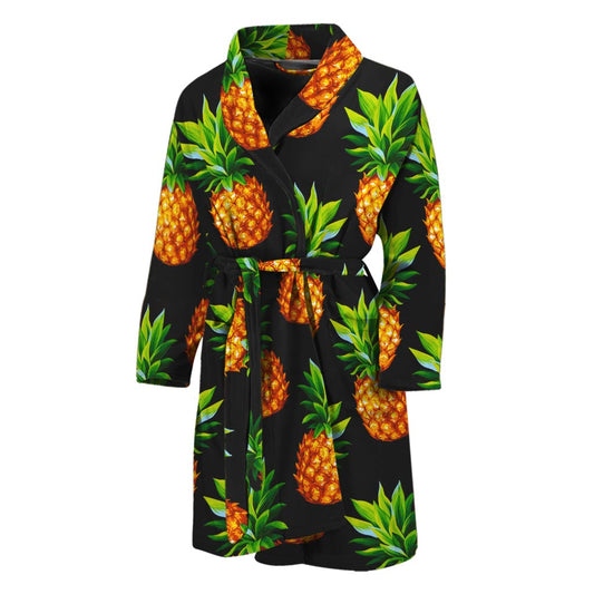 Black Pineapple Pattern Print Men's Bathrobe