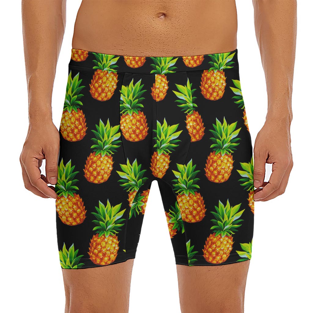 Black Pineapple Pattern Print Men's Long Boxer Briefs