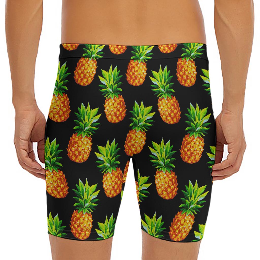 Black Pineapple Pattern Print Men's Long Boxer Briefs
