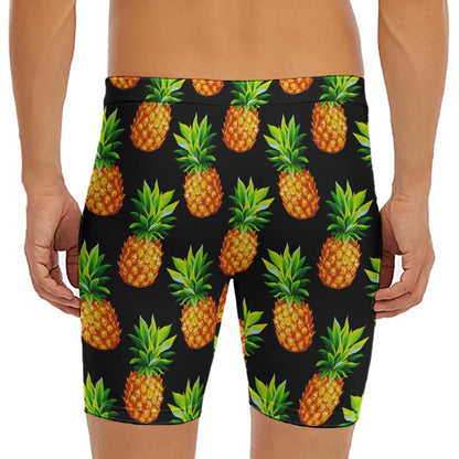 Black Pineapple Pattern Print Men's Long Boxer Briefs