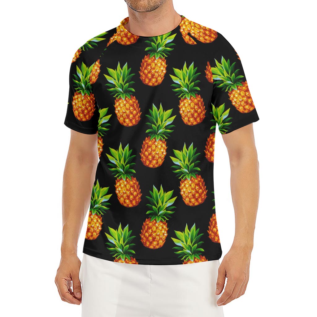 Black Pineapple Pattern Print Men's Short Sleeve Rash Guard