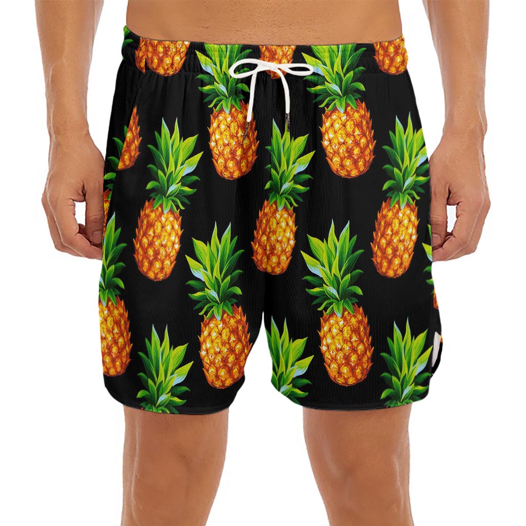 Black Pineapple Pattern Print Men's Split Running Shorts