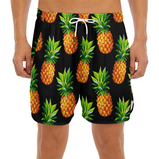 Black Pineapple Pattern Print Men's Split Running Shorts
