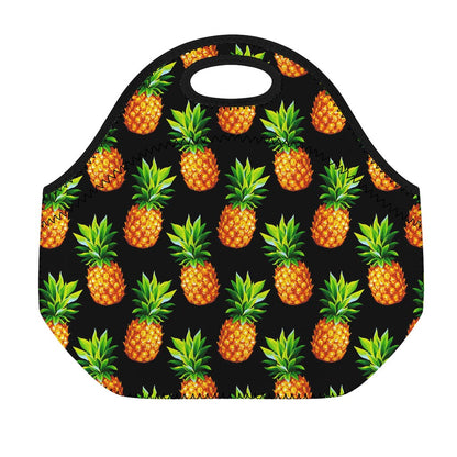 Black Pineapple Pattern Print Neoprene Lunch Bag