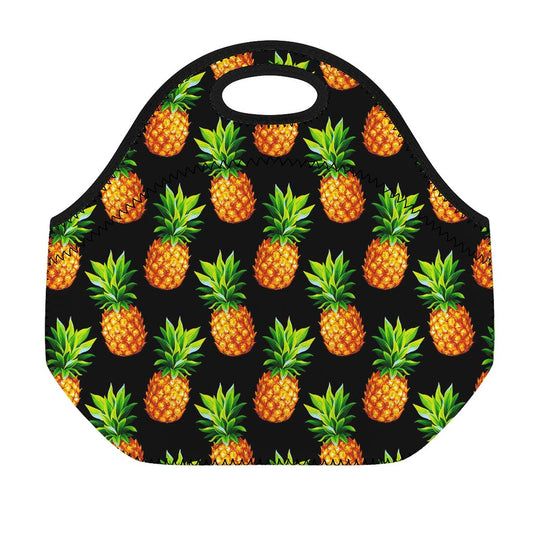 Black Pineapple Pattern Print Neoprene Lunch Bag