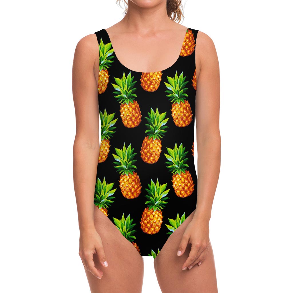 Black Pineapple Pattern Print One Piece Swimsuit