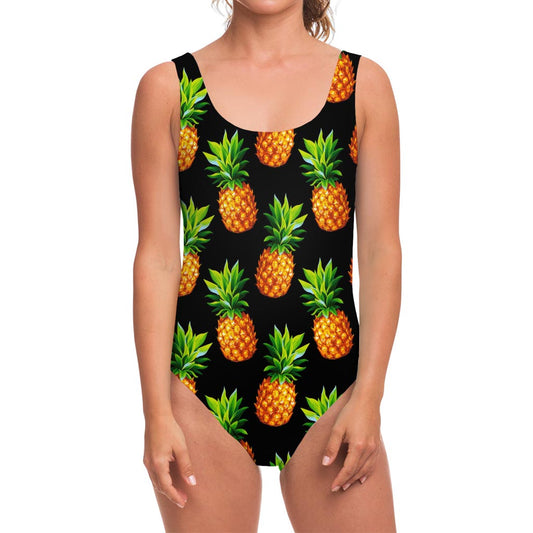 Black Pineapple Pattern Print One Piece Swimsuit