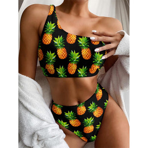 Black Pineapple Pattern Print One Shoulder Bikini Top