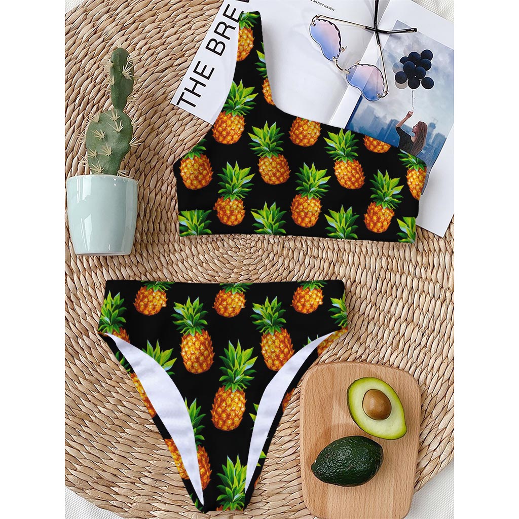 Black Pineapple Pattern Print One Shoulder Bikini Top