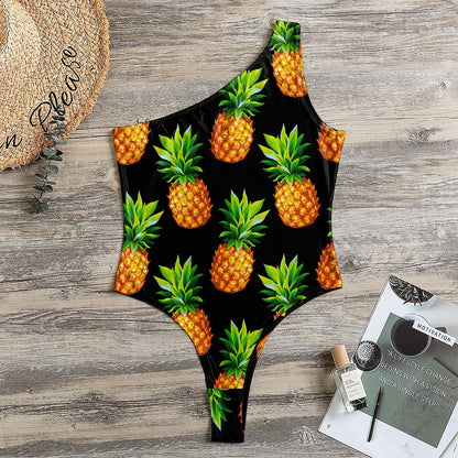 Black Pineapple Pattern Print One Shoulder Bodysuit