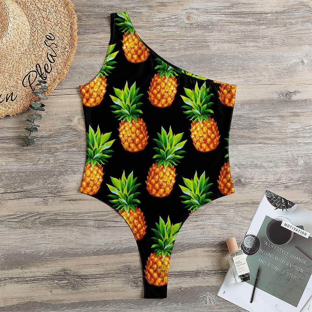 Black Pineapple Pattern Print One Shoulder Bodysuit