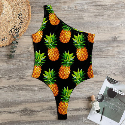 Black Pineapple Pattern Print One Shoulder Bodysuit