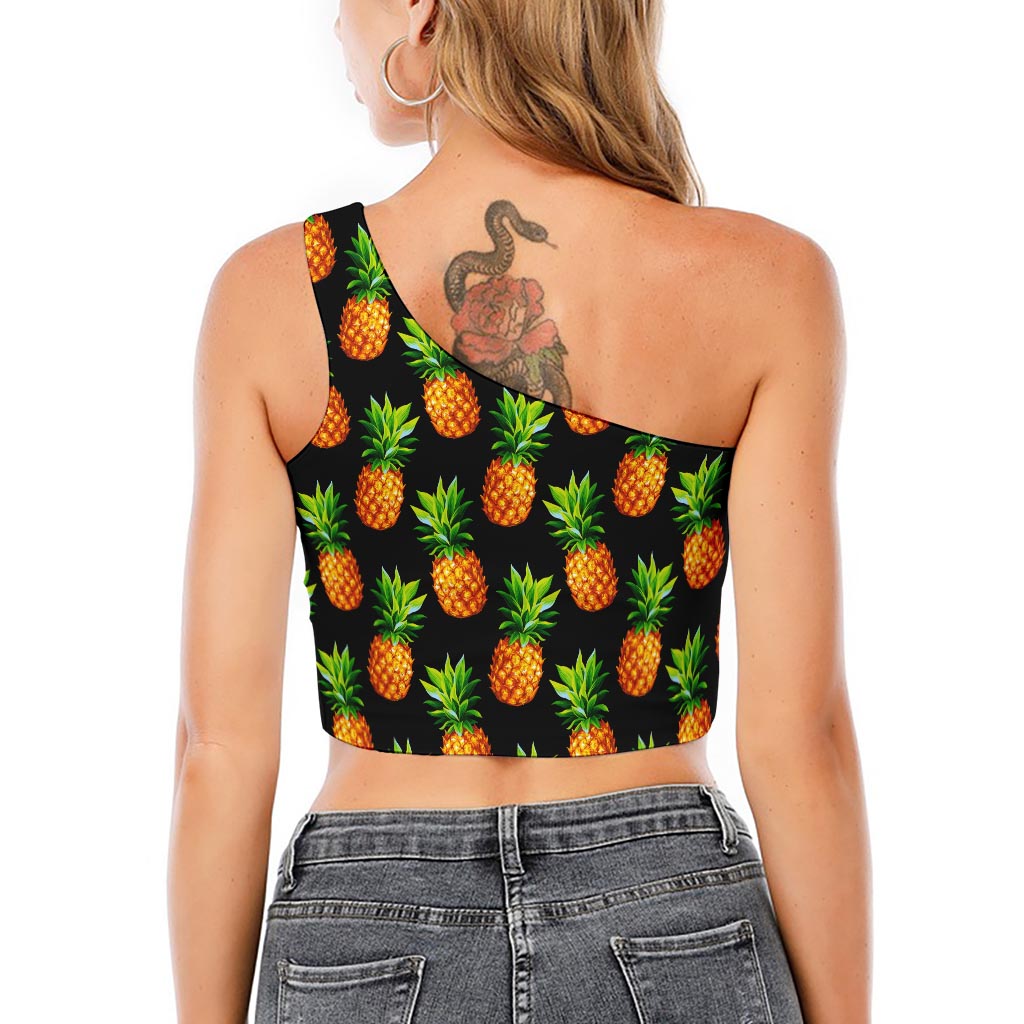 Black Pineapple Pattern Print One Shoulder Crop Top