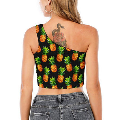 Black Pineapple Pattern Print One Shoulder Crop Top