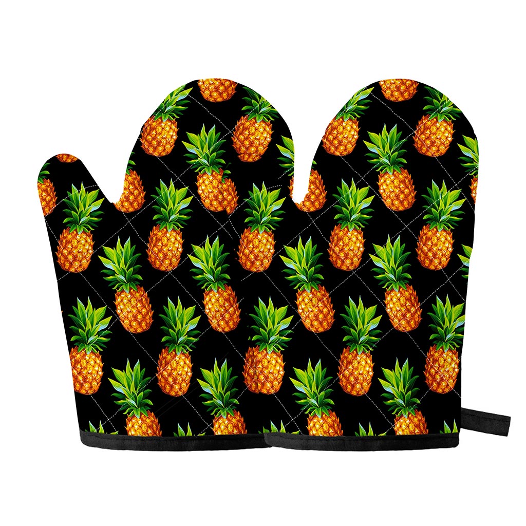 Black Pineapple Pattern Print Oven Mitts