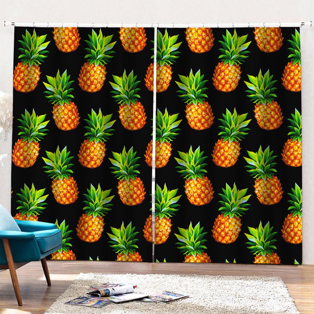 Black Pineapple Pattern Print Pencil Pleat Curtains