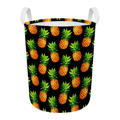 Black Pineapple Pattern Print Round Laundry Basket