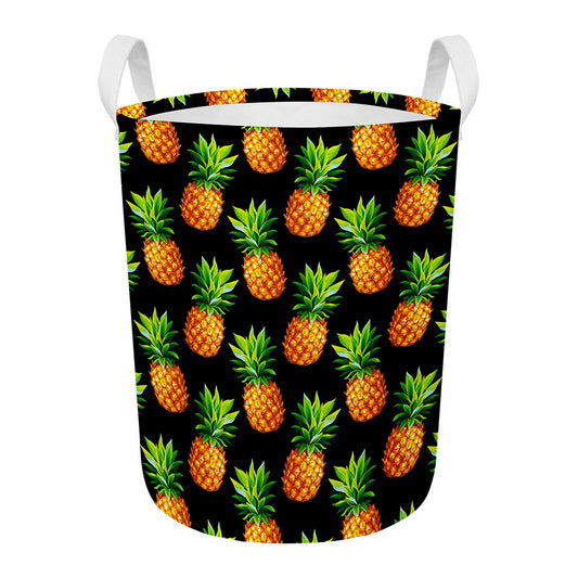 Black Pineapple Pattern Print Round Laundry Basket
