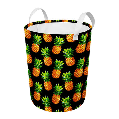 Black Pineapple Pattern Print Round Laundry Basket