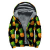 Black Pineapple Pattern Print Sherpa Lined Zip Up Hoodie