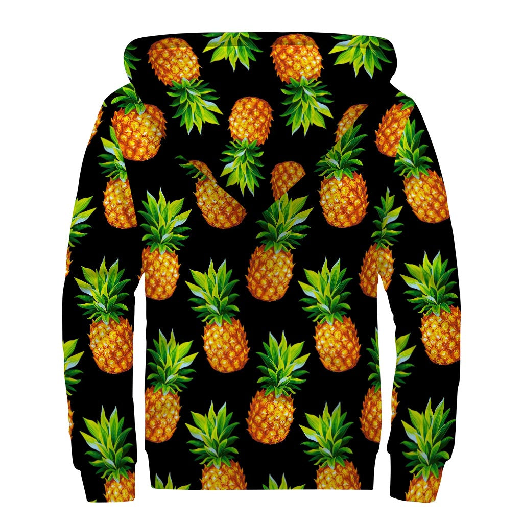 Black Pineapple Pattern Print Sherpa Lined Zip Up Hoodie