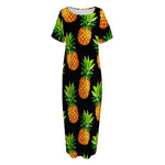 Black Pineapple Pattern Print Short Sleeve Long Nightdress