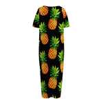 Black Pineapple Pattern Print Short Sleeve Long Nightdress