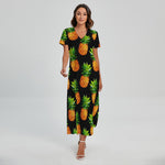 Black Pineapple Pattern Print Short Sleeve Maxi Dress