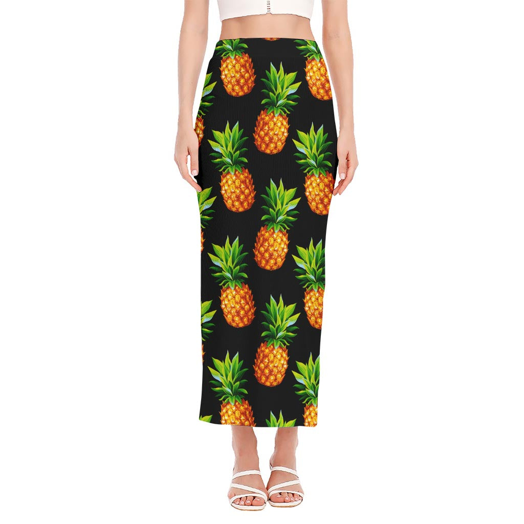 Black Pineapple Pattern Print Side Slit Maxi Skirt