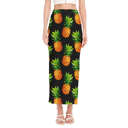 Black Pineapple Pattern Print Side Slit Maxi Skirt