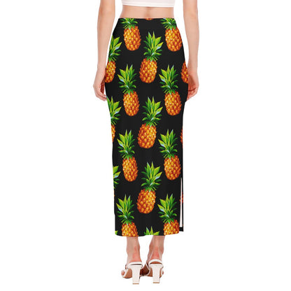 Black Pineapple Pattern Print Side Slit Maxi Skirt