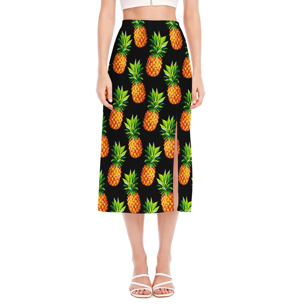 Black Pineapple Pattern Print Side Slit Midi Skirt