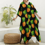 Black Pineapple Pattern Print Silk V-Neck Kaftan Dress
