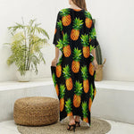Black Pineapple Pattern Print Silk V-Neck Kaftan Dress