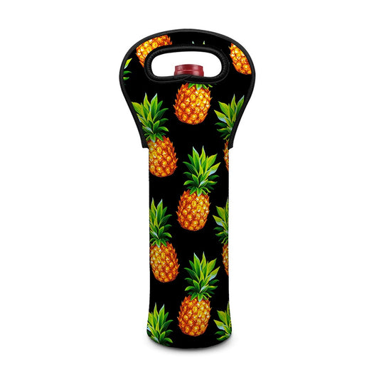 Black Pineapple Pattern Print Single Neoprene Wine Tote
