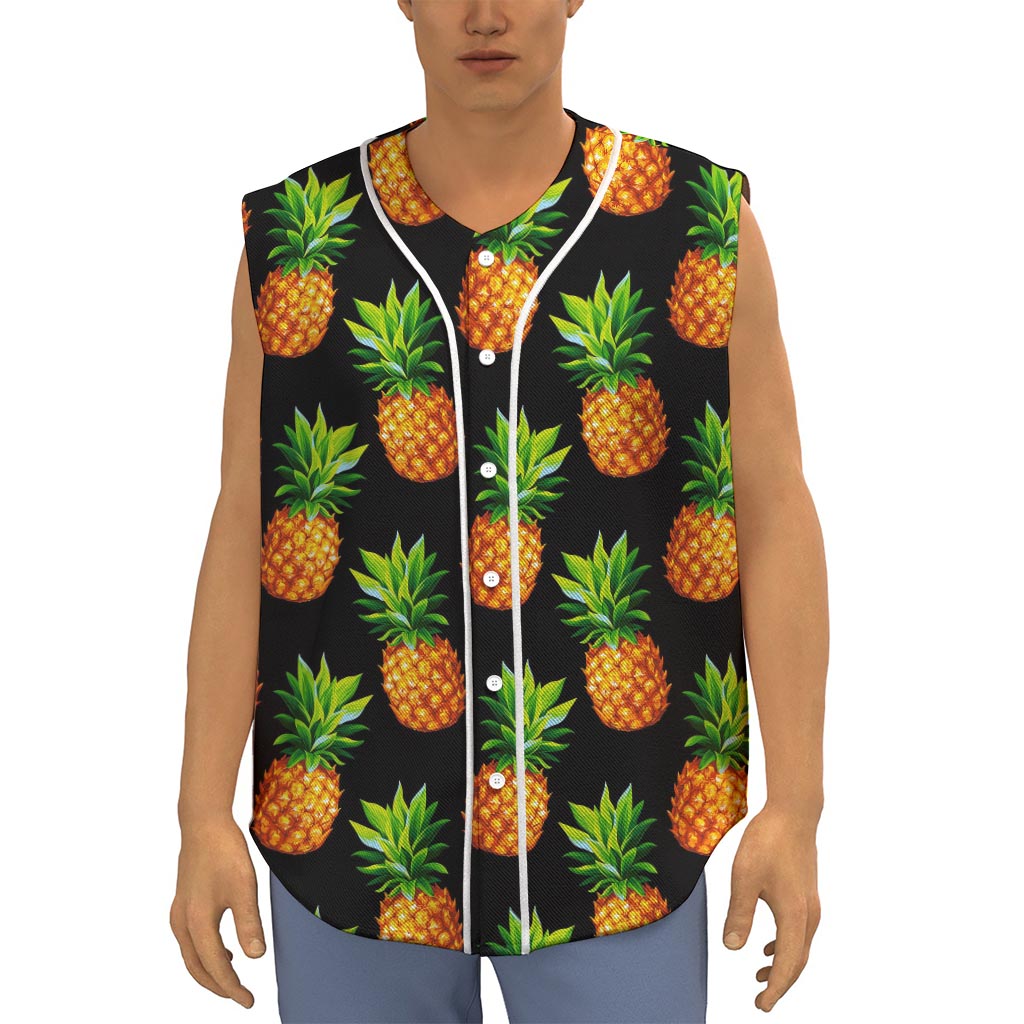 Black Pineapple Pattern Print Sleeveless Baseball Jersey