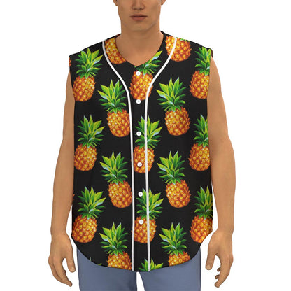 Black Pineapple Pattern Print Sleeveless Baseball Jersey