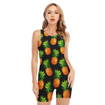 Black Pineapple Pattern Print Sleeveless One Piece Swimsuit