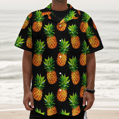 Black Pineapple Pattern Print Textured Short Sleeve Shirt