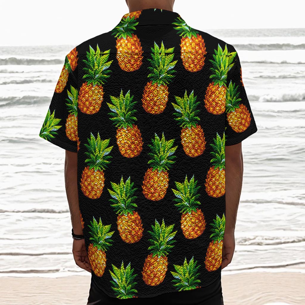 Black Pineapple Pattern Print Textured Short Sleeve Shirt
