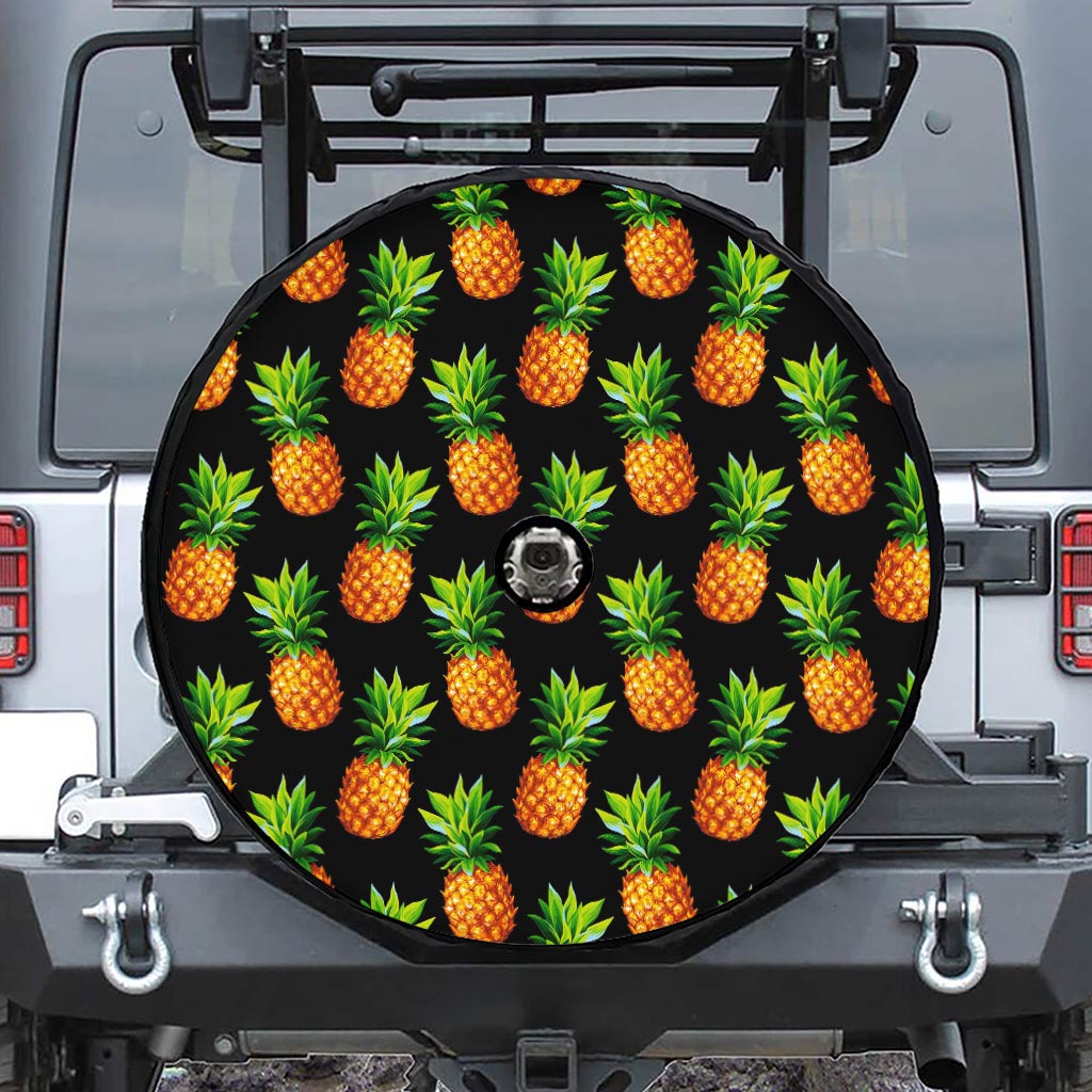 Black Pineapple Pattern Print Tire Cover With Camera Hole