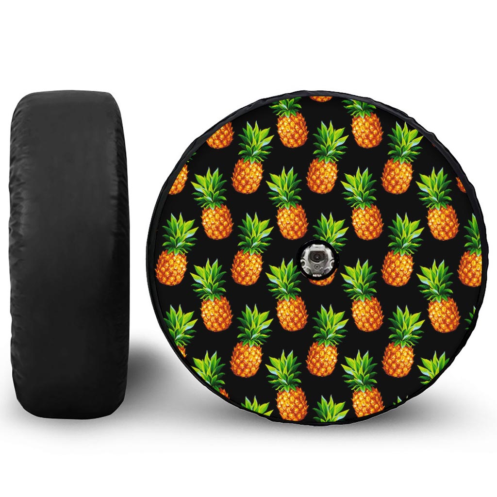Black Pineapple Pattern Print Tire Cover With Camera Hole
