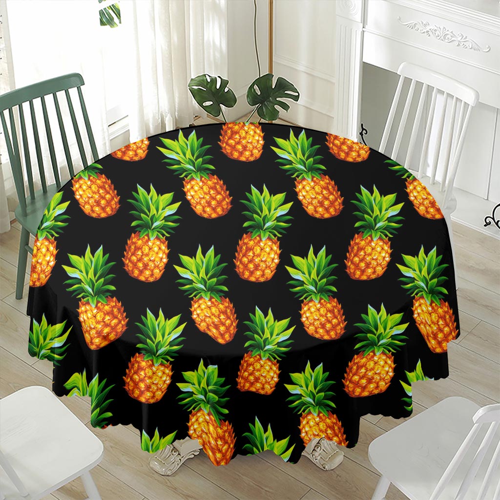 Black Pineapple Pattern Print Waterproof Round Tablecloth