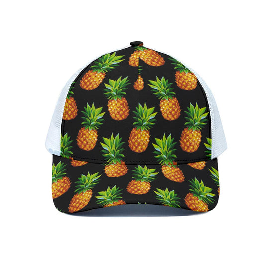 Black Pineapple Pattern Print White Mesh Trucker Cap