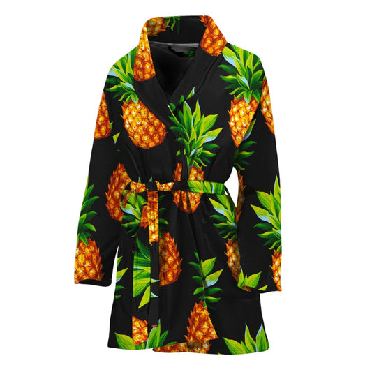 Black Pineapple Pattern Print Women's Bathrobe
