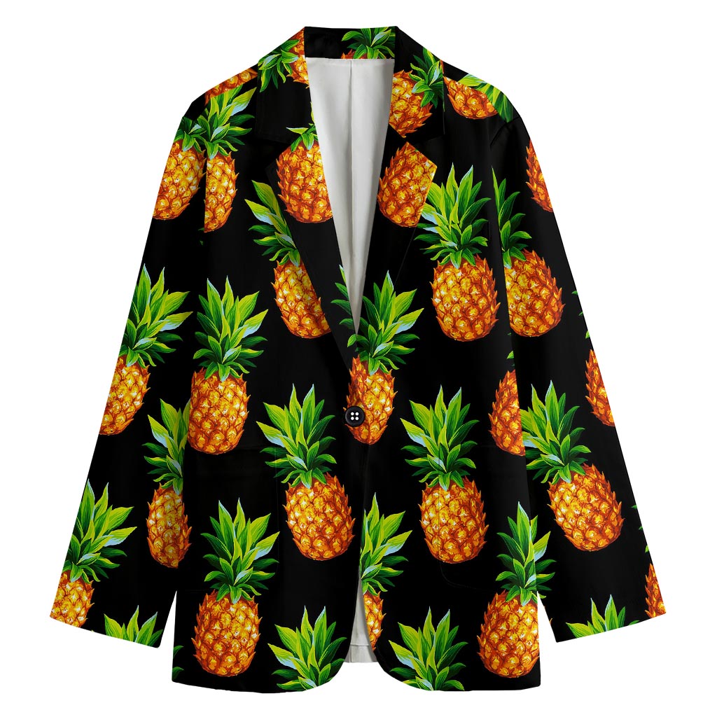 Black Pineapple Pattern Print Women's Cotton Blazer