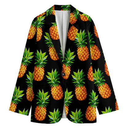 Black Pineapple Pattern Print Women's Cotton Blazer